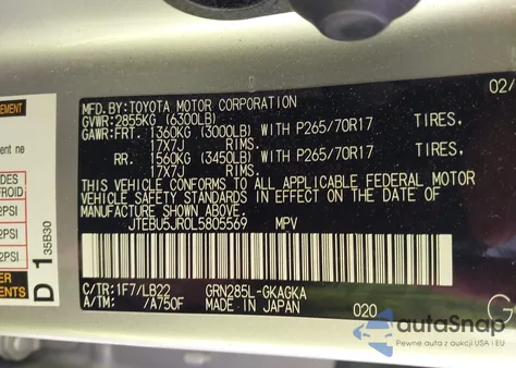 2020 Toyota 4Runner Sr5 Premium z USA, uszkodzony, nr VIN JTEBU5JR0L5805569